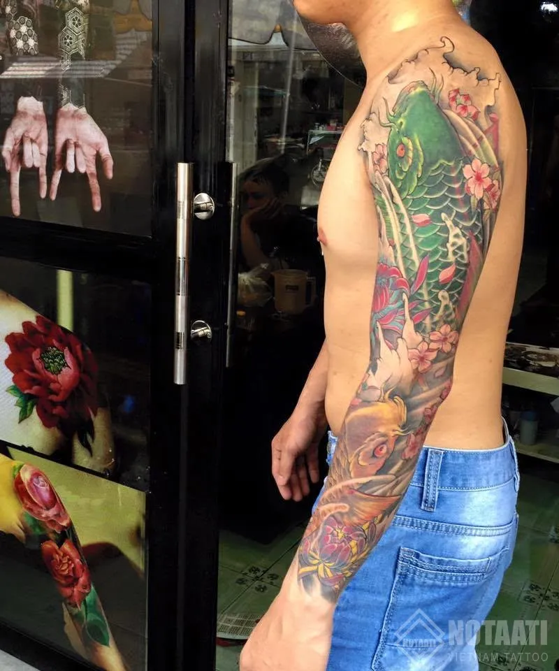 Hình xăm cá chép hoa mẫu đơn