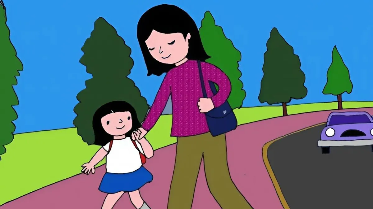 Tranh về mẹ đưa em đến trường