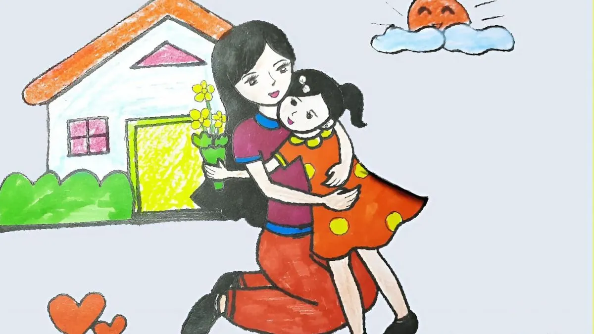 Tranh vẽ mẹ ôm em vào lòng