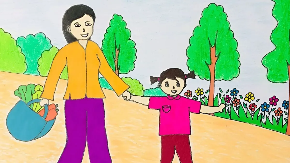 Tranh vẽ mẹ và bé dễ thương