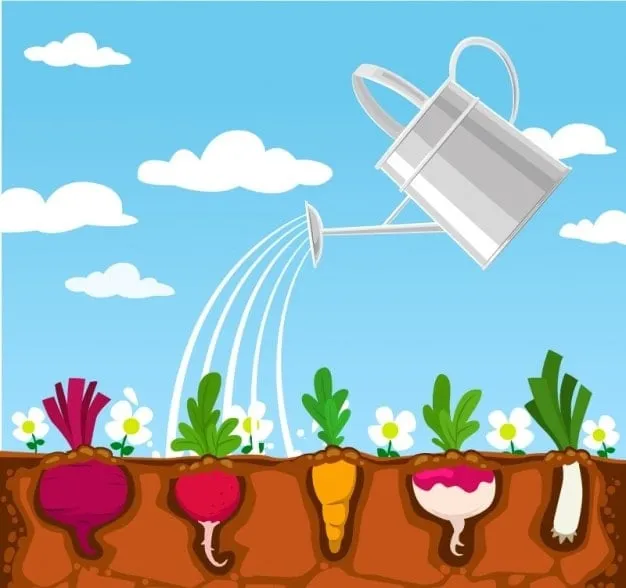 Bố tưới cây trong vườn với cụm giới từ 'in the garden'