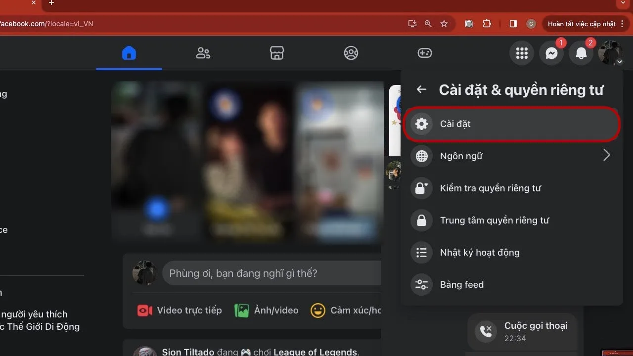 Chọn mục Cài đặt