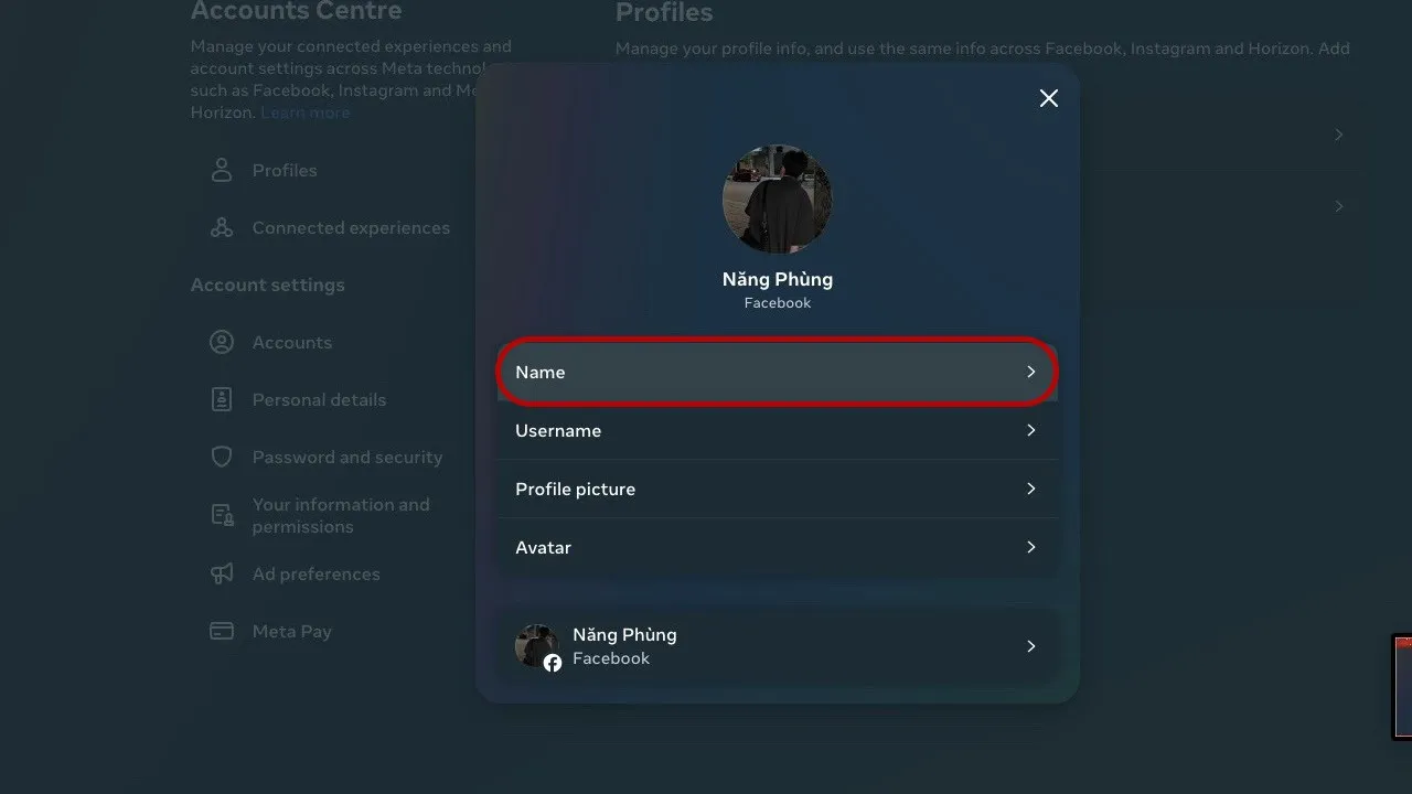 Chọn name để đổi