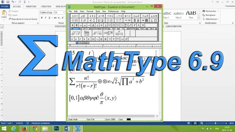 Giao diện phần mềm MathType 6.9 hiển thị bảng ký hiệu toán học phong phú