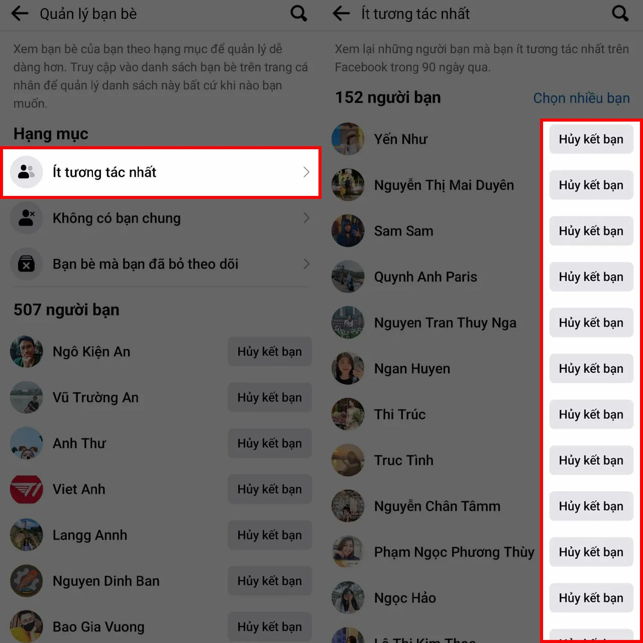 Hủy kết bạn với người ít tương tác