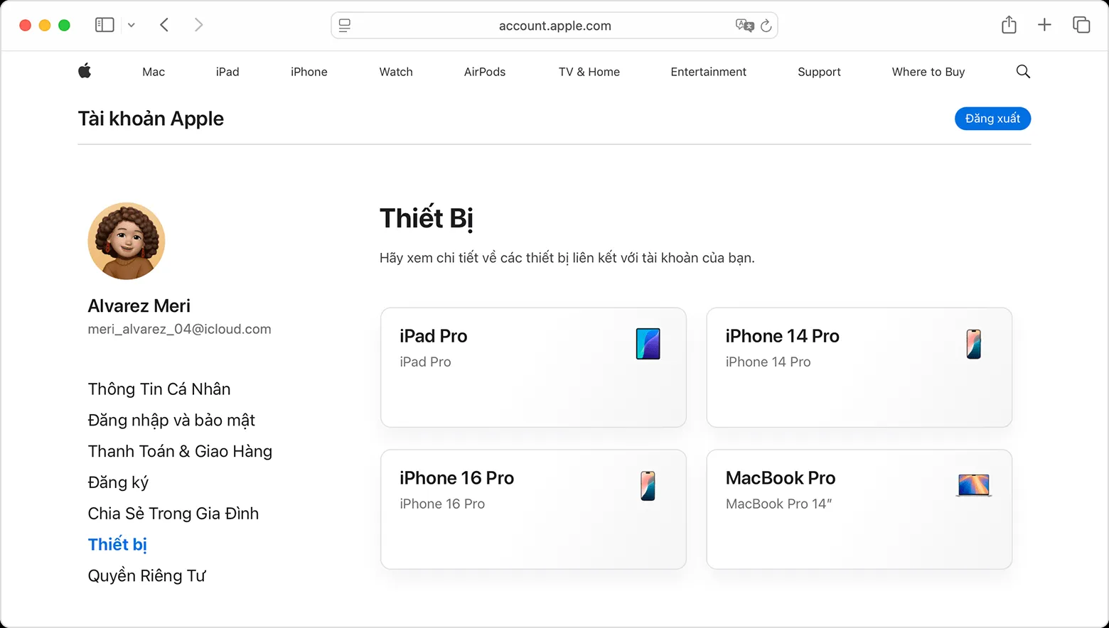 Trang web Tài khoản Apple hiển thị các thiết bị được liên kết với một tài khoản