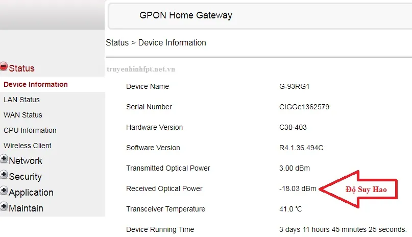 Đăng nhập modem Fpt xem độ suy hao tín hiệu internet