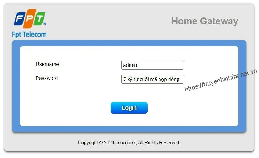 Giao diện đăng nhập modem FPT