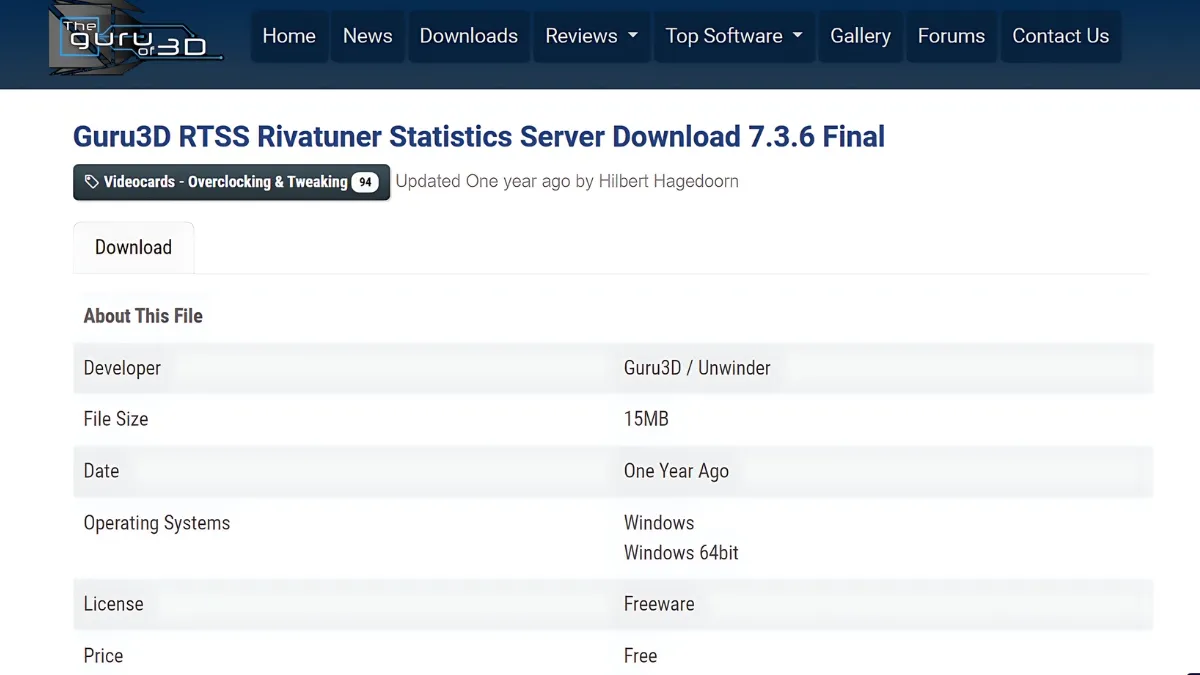 Hướng dẫn tải RivaTuner Statistics Server từ trang Guru3D