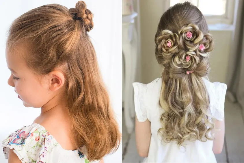 Tóc búi hoa hồng cổ điển cho bé gái